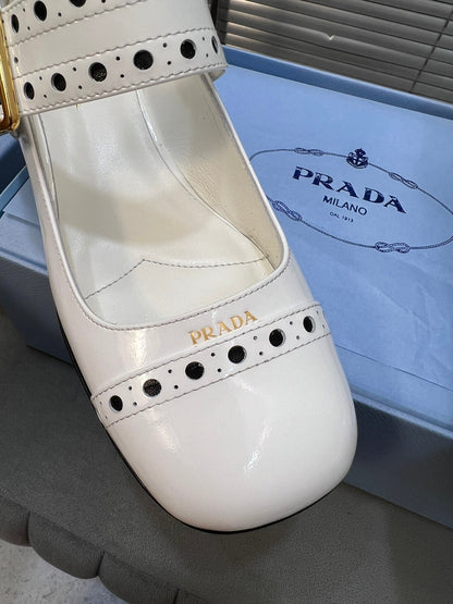 PRADA MARY JANE PUMPS IN WHITE GLOSSY CALFSKIN