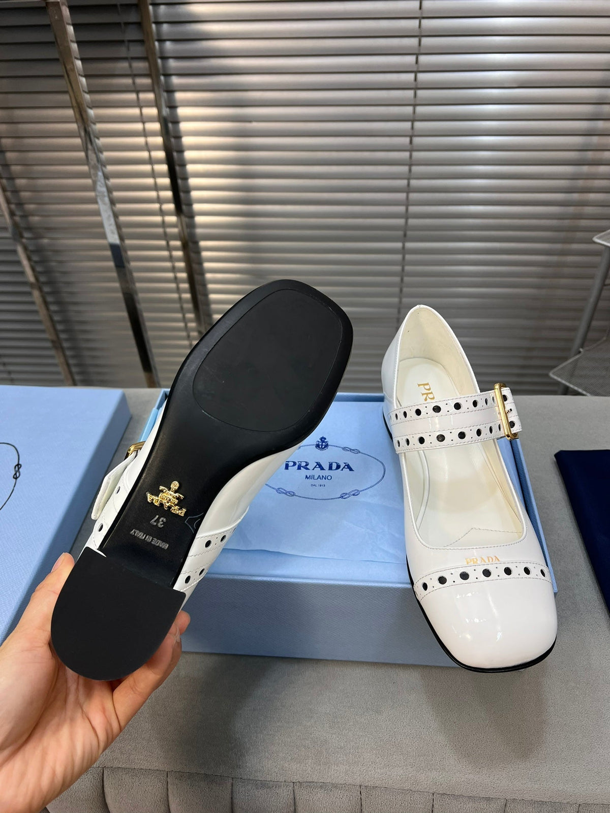 PRADA MARY JANE PUMPS IN WHITE GLOSSY CALFSKIN