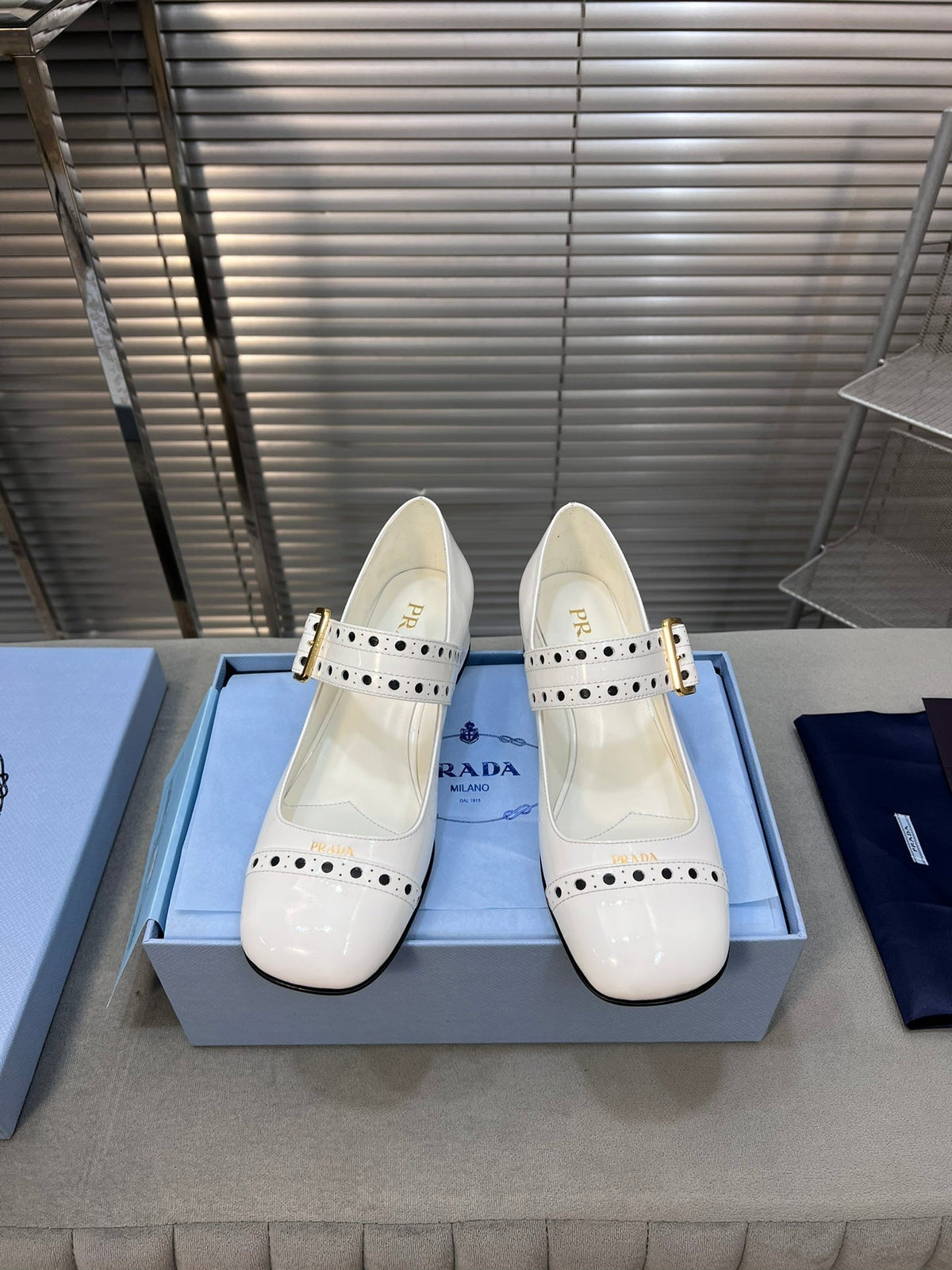 PRADA MARY JANE PUMPS IN WHITE GLOSSY CALFSKIN