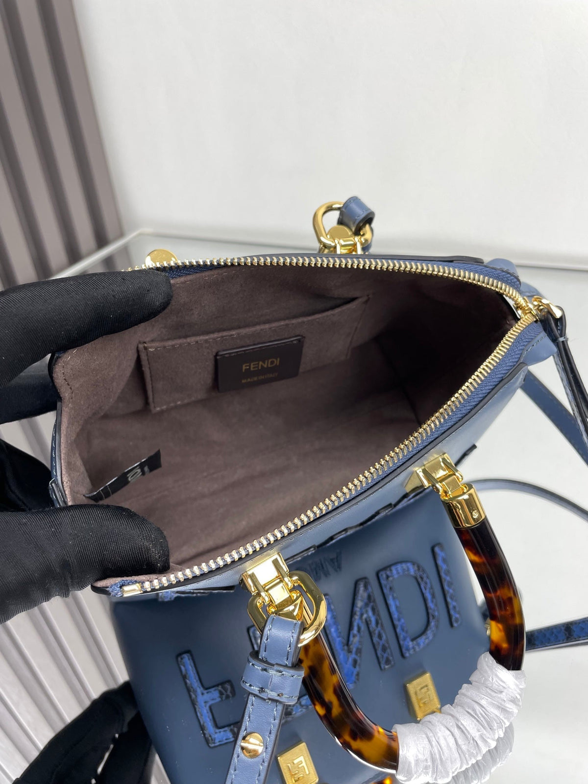 FENDI BY THE WAY MINI 18 IN AEGEAN BLUE LAMBSKIN GOLD HARDWARE