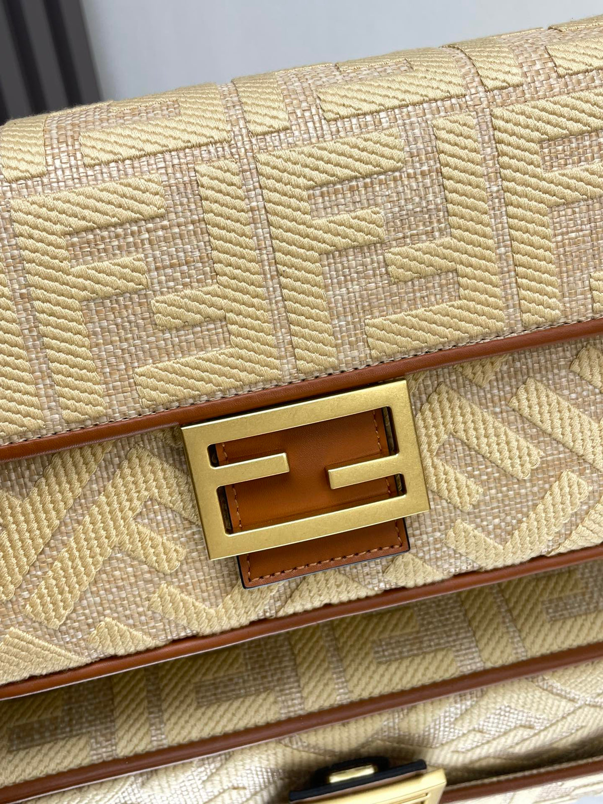 FENDI Fend Baguette Gold Tan Canvas Bag 27 with FF Embroidery Ghw