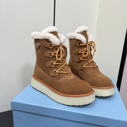 PRADA LACE-UP ANKLE BOOTS IN CAMEL SUEDE AND SHEARLING LINING