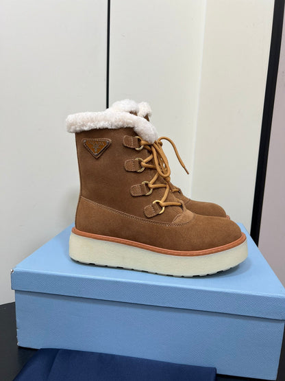PRADA LACE-UP ANKLE BOOTS IN CAMEL SUEDE AND SHEARLING LINING