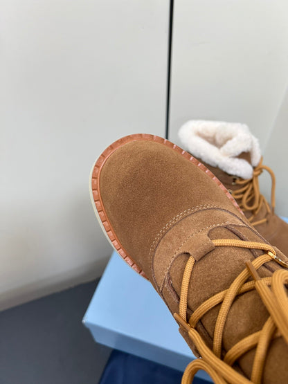 PRADA LACE-UP ANKLE BOOTS IN CAMEL SUEDE AND SHEARLING LINING