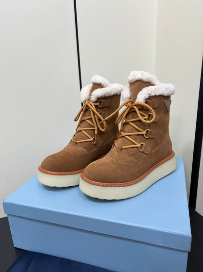 PRADA LACE-UP ANKLE BOOTS IN CAMEL SUEDE AND SHEARLING LINING