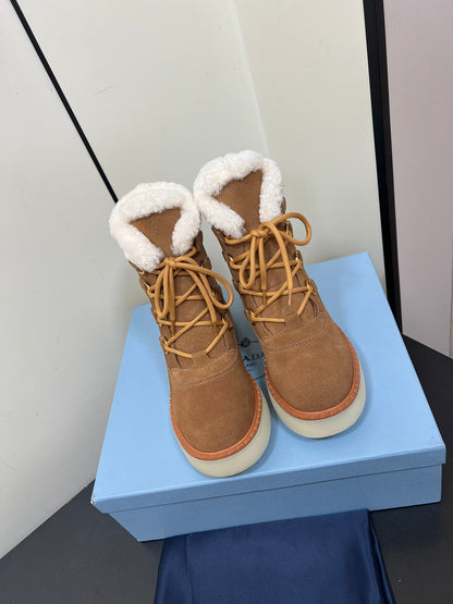 PRADA LACE-UP ANKLE BOOTS IN CAMEL SUEDE AND SHEARLING LINING