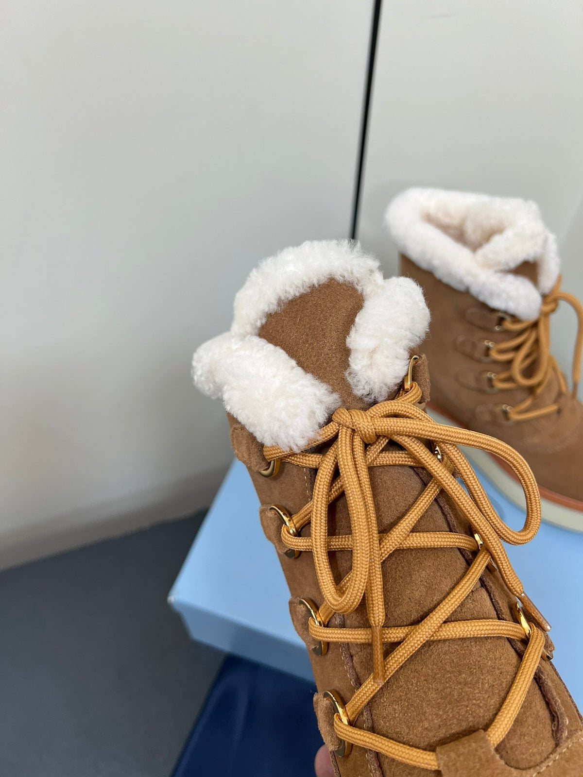 PRADA LACE-UP ANKLE BOOTS IN CAMEL SUEDE AND SHEARLING LINING