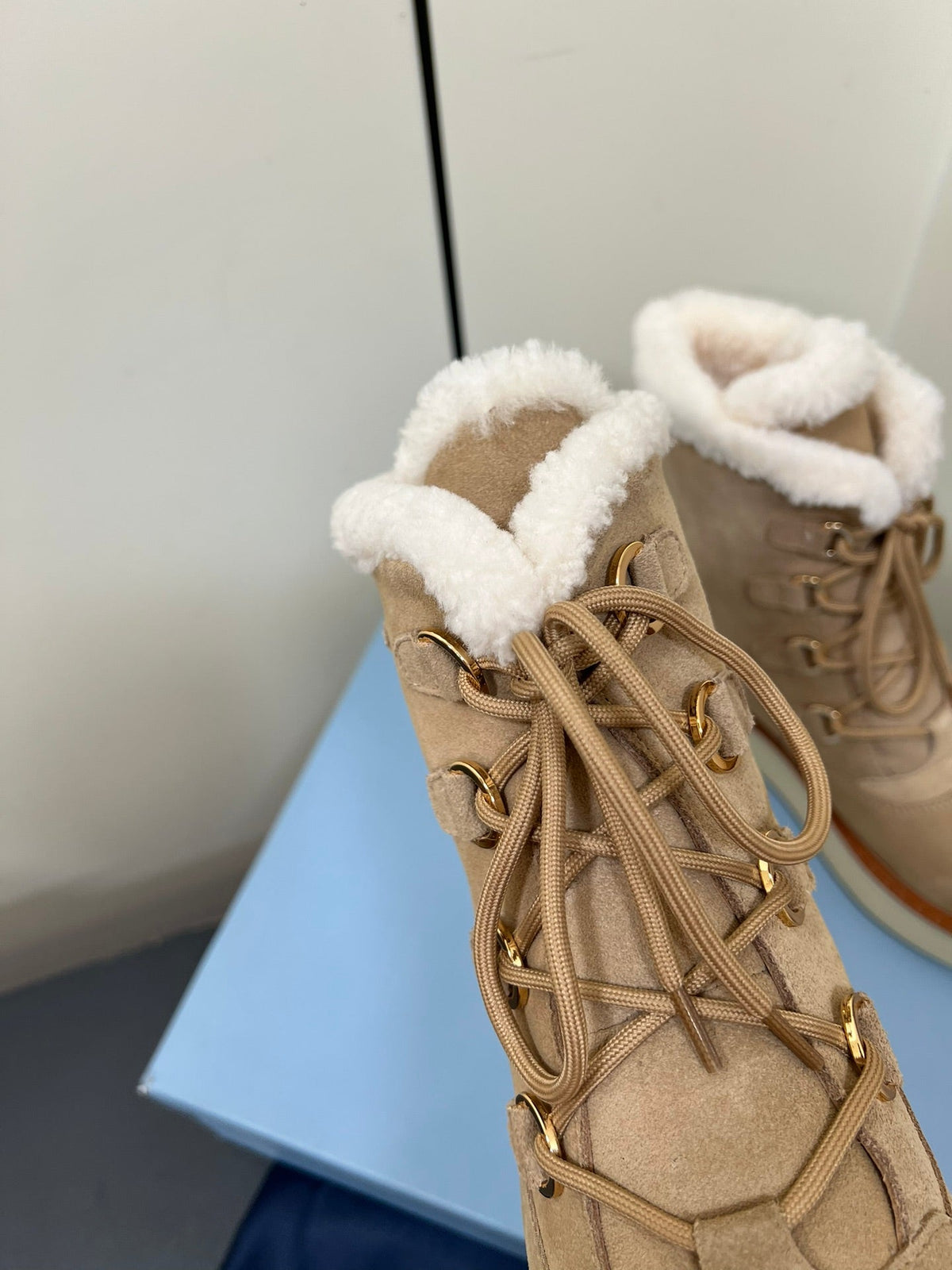 PRADA LACE-UP ANKLE BOOTS IN TAN BEIGE SUEDE AND SHEARLING LINING