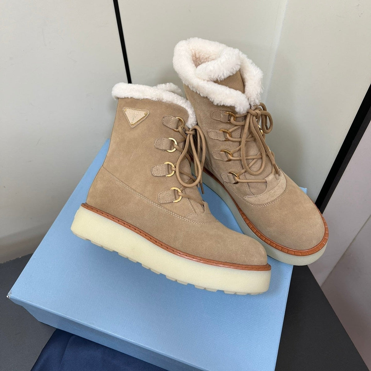 PRADA LACE-UP ANKLE BOOTS IN TAN BEIGE SUEDE AND SHEARLING LINING