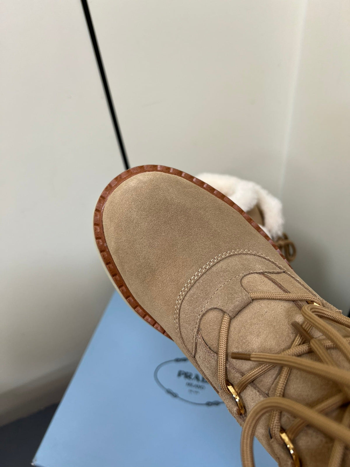 PRADA LACE-UP ANKLE BOOTS IN TAN BEIGE SUEDE AND SHEARLING LINING