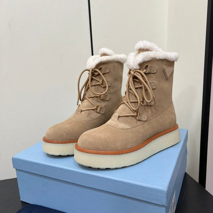 PRADA LACE-UP ANKLE BOOTS IN TAN BEIGE SUEDE AND SHEARLING LINING
