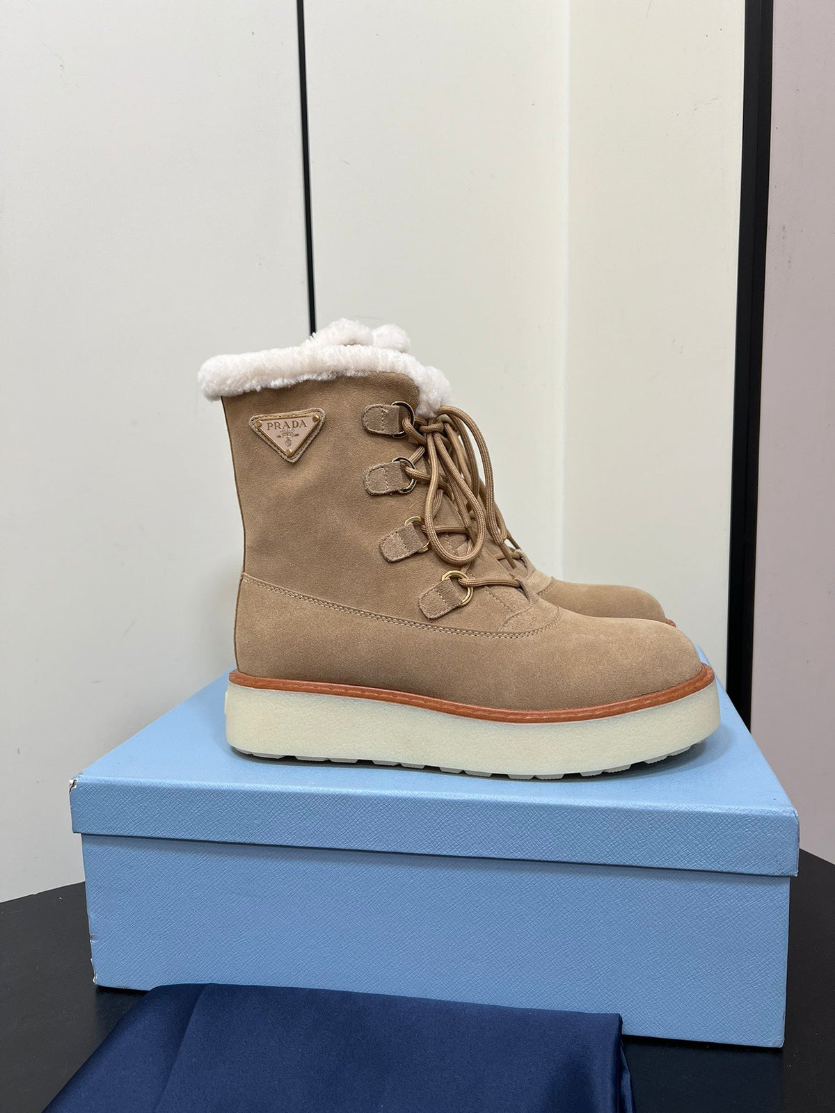 PRADA LACE-UP ANKLE BOOTS IN TAN BEIGE SUEDE AND SHEARLING LINING