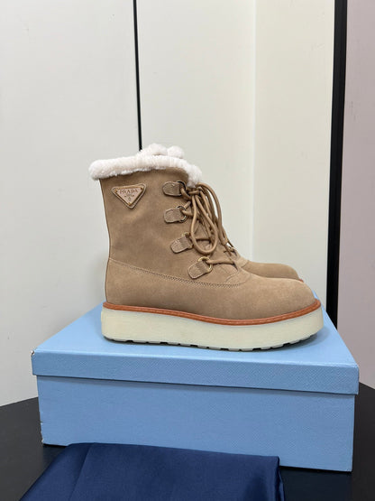 PRADA LACE-UP ANKLE BOOTS IN TAN BEIGE SUEDE AND SHEARLING LINING