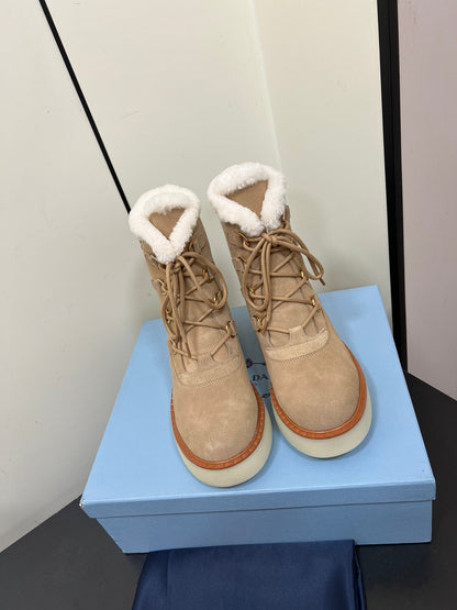 PRADA LACE-UP ANKLE BOOTS IN TAN BEIGE SUEDE AND SHEARLING LINING