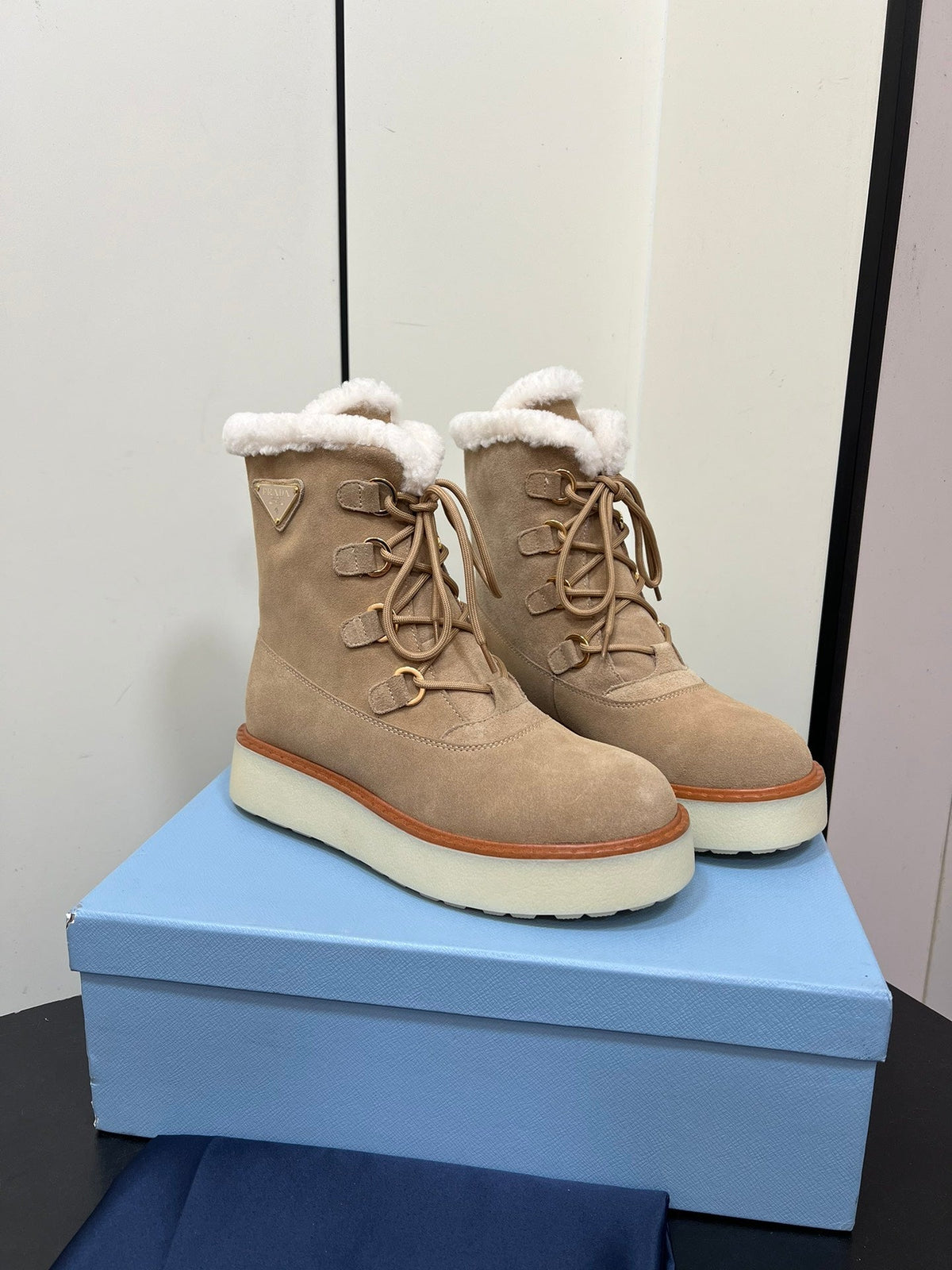 PRADA LACE-UP ANKLE BOOTS IN TAN BEIGE SUEDE AND SHEARLING LINING