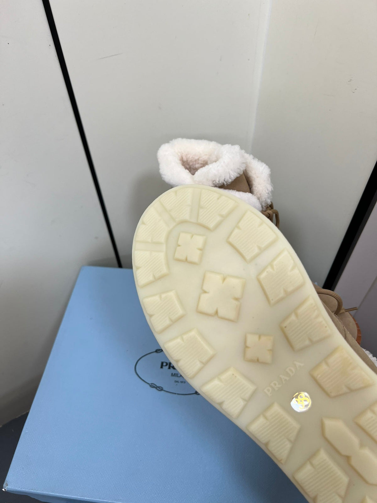 PRADA LACE-UP ANKLE BOOTS IN TAN BEIGE SUEDE AND SHEARLING LINING