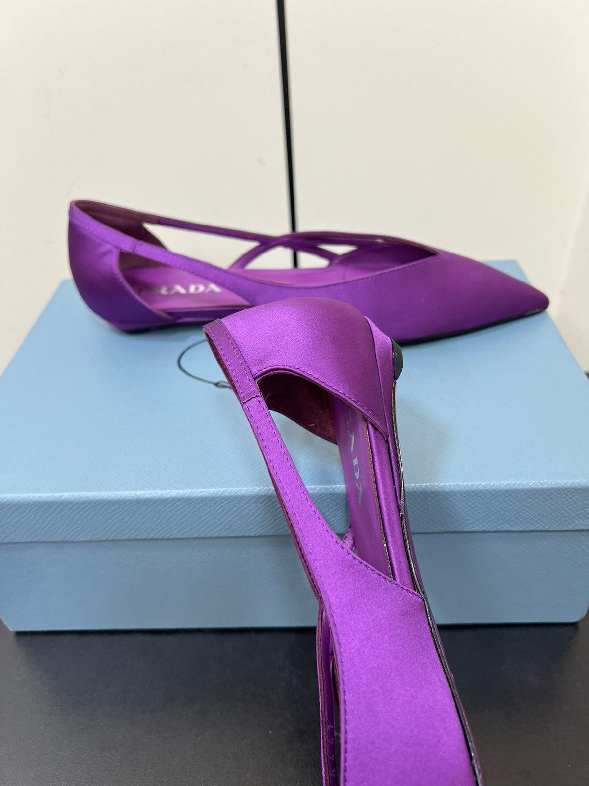PRADA CUT-OUT BALLERINAS IN VIOLET SATIN