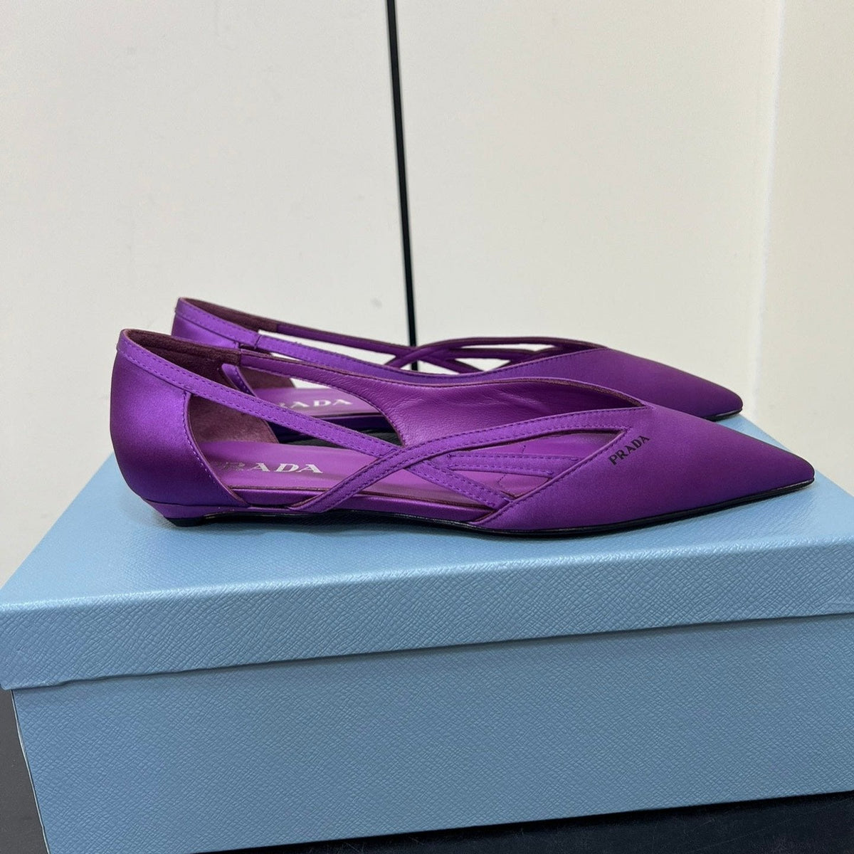 PRADA CUT-OUT BALLERINAS IN VIOLET SATIN