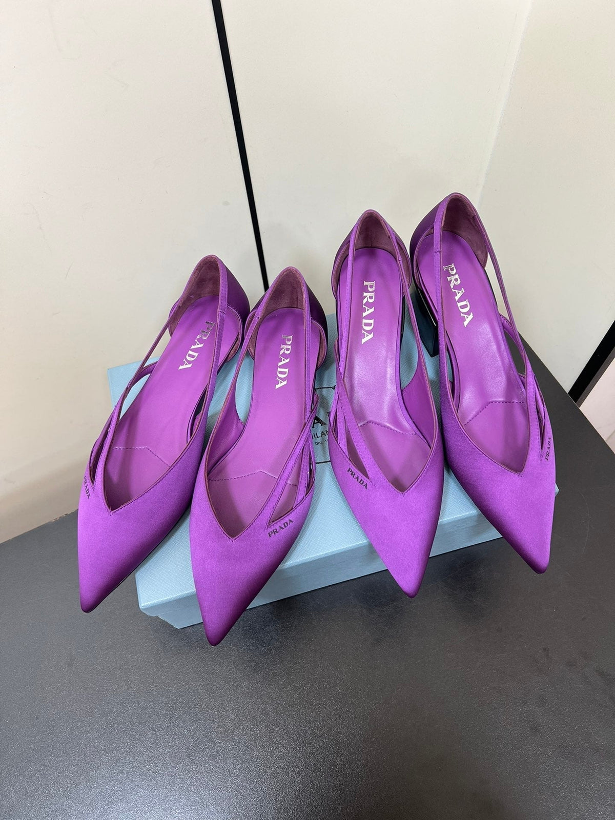 PRADA CUT-OUT BALLERINAS IN VIOLET SATIN