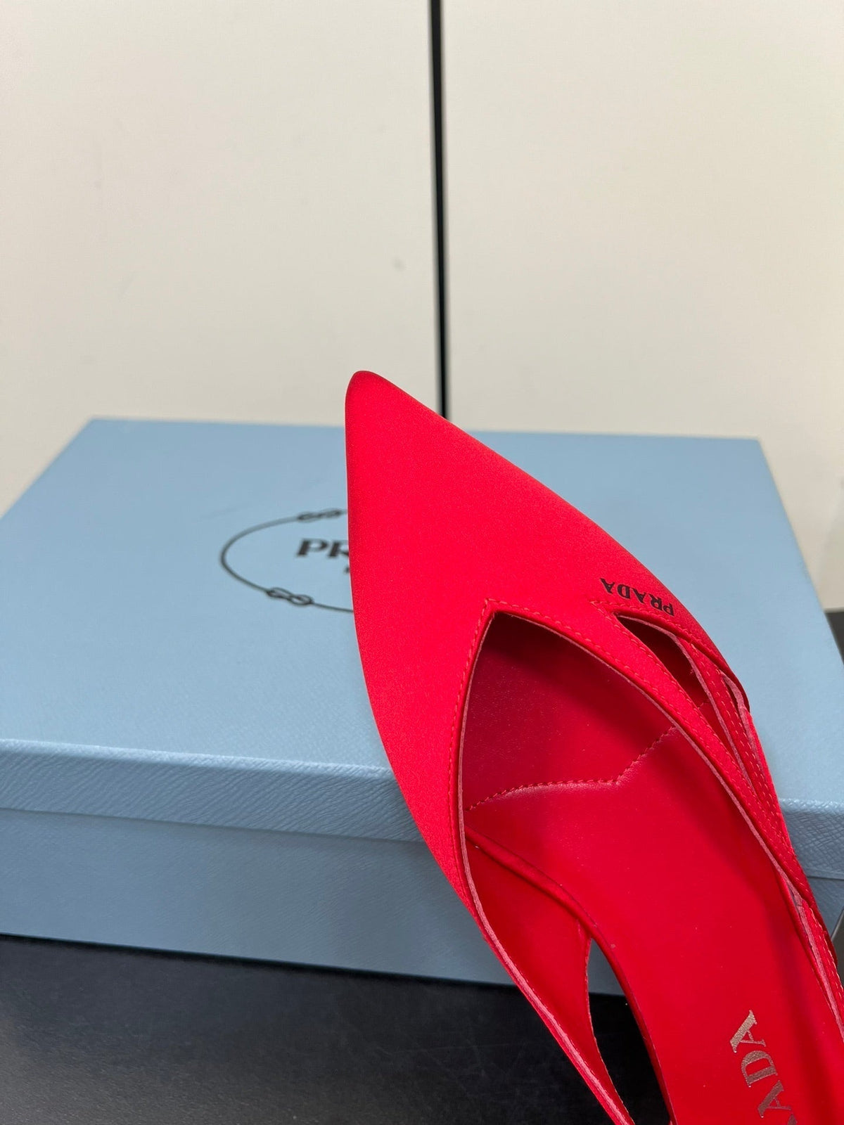 PRADA CUT-OUT BALLERINAS IN RED SATIN