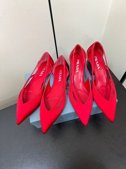PRADA CUT-OUT BALLERINAS IN RED SATIN