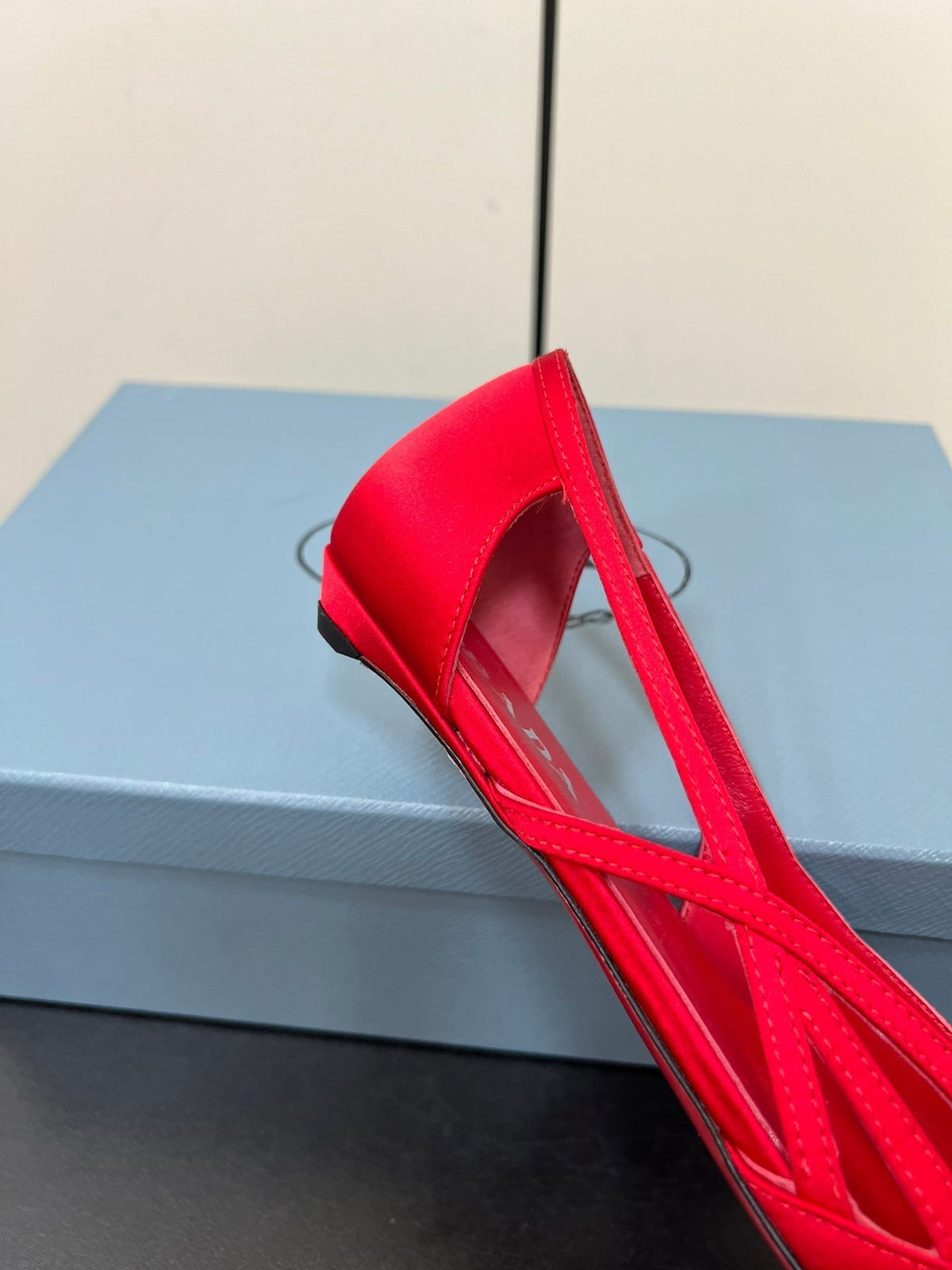PRADA CUT-OUT BALLERINAS IN RED SATIN