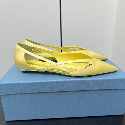 PRADA CUT-OUT BALLERINAS IN LIGHT YELLOW SATIN