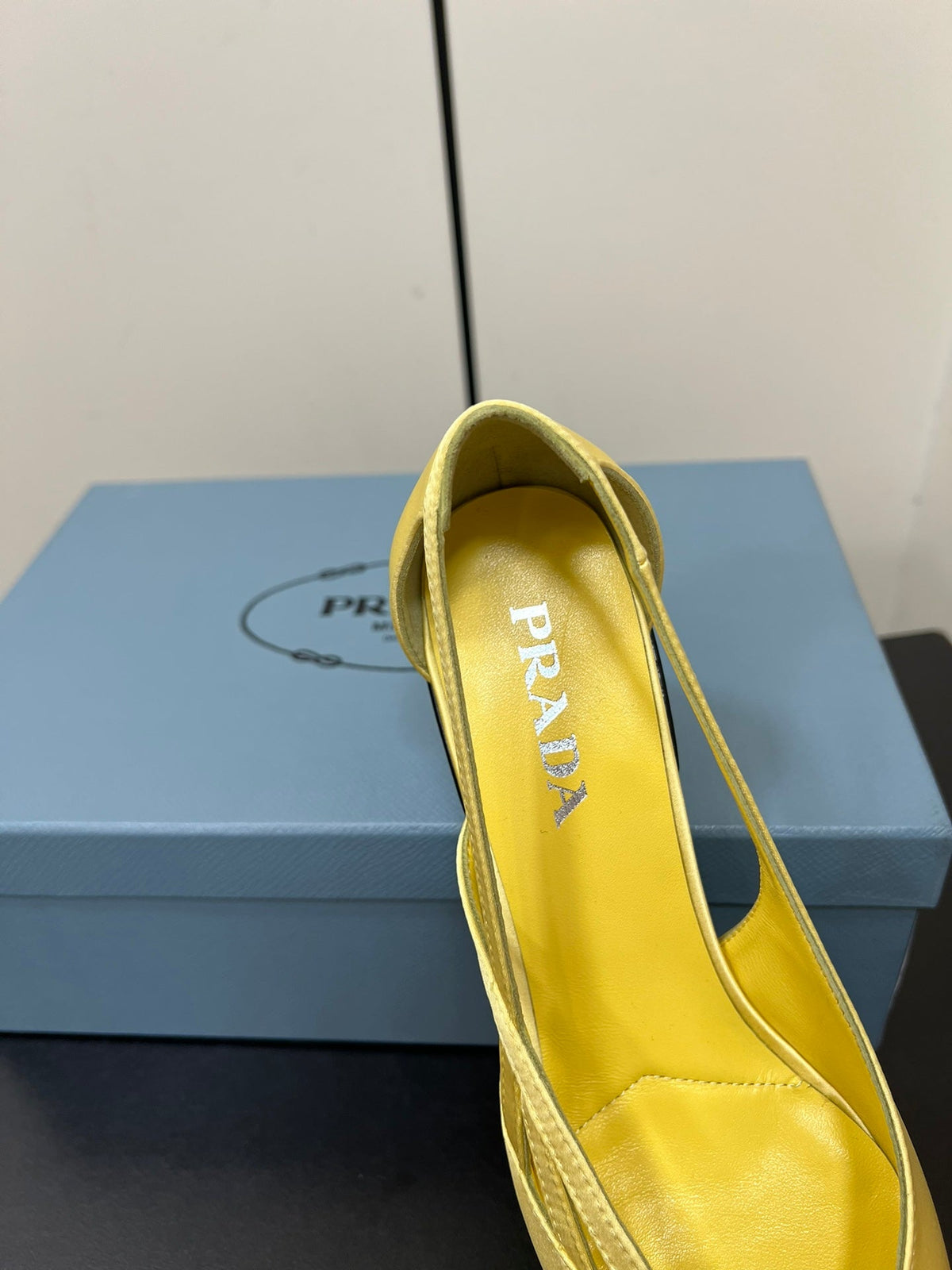 PRADA CUT-OUT BALLERINAS IN LIGHT YELLOW SATIN