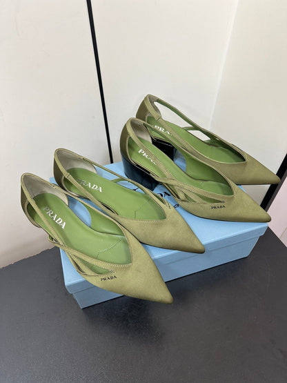 PRADA CUT-OUT BALLERINAS IN OLIVE GREEN SATIN