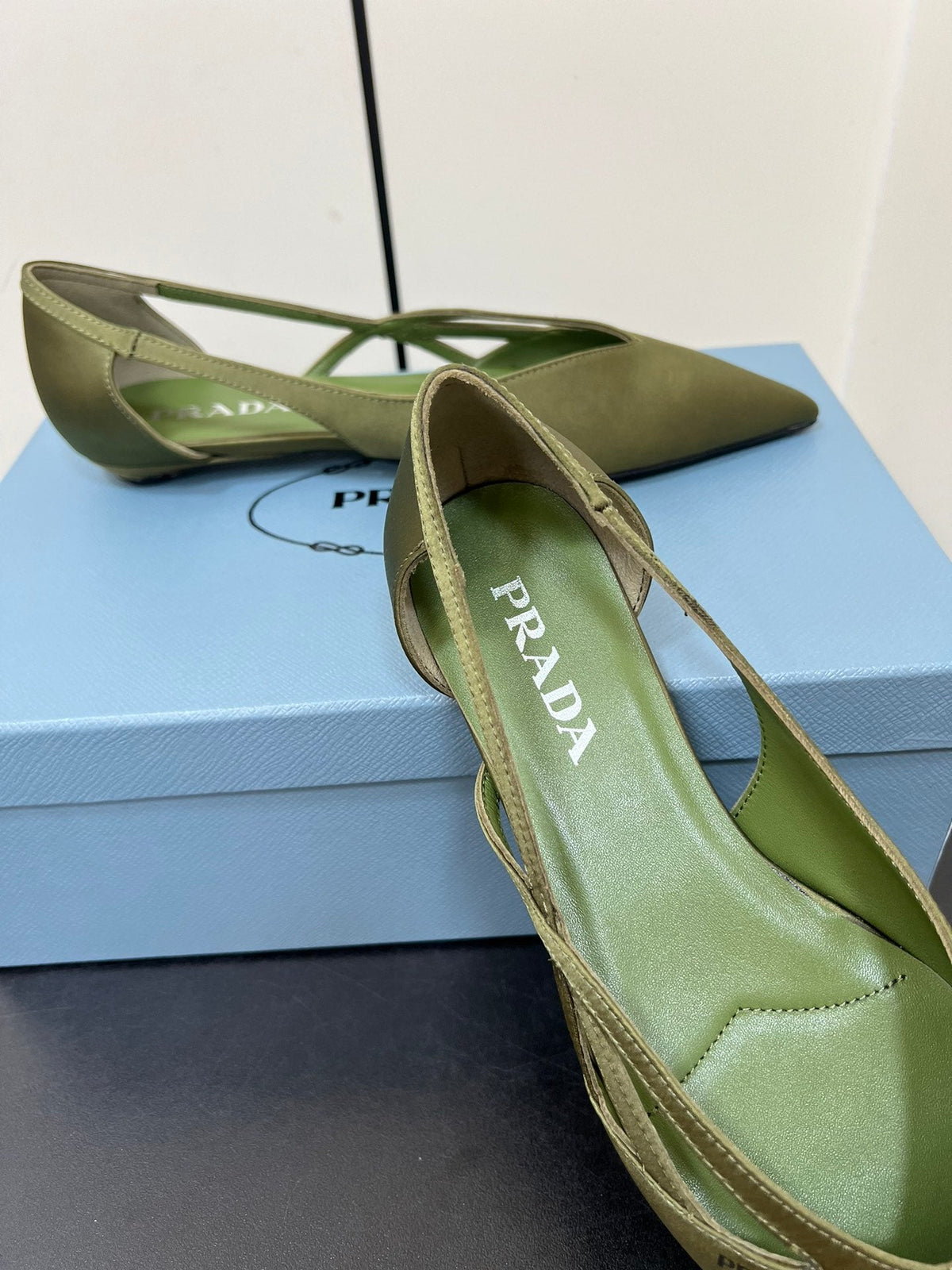 PRADA CUT-OUT BALLERINAS IN OLIVE GREEN SATIN