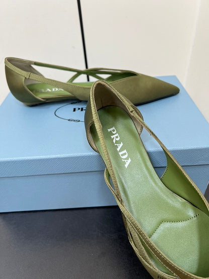 PRADA CUT-OUT BALLERINAS IN OLIVE GREEN SATIN