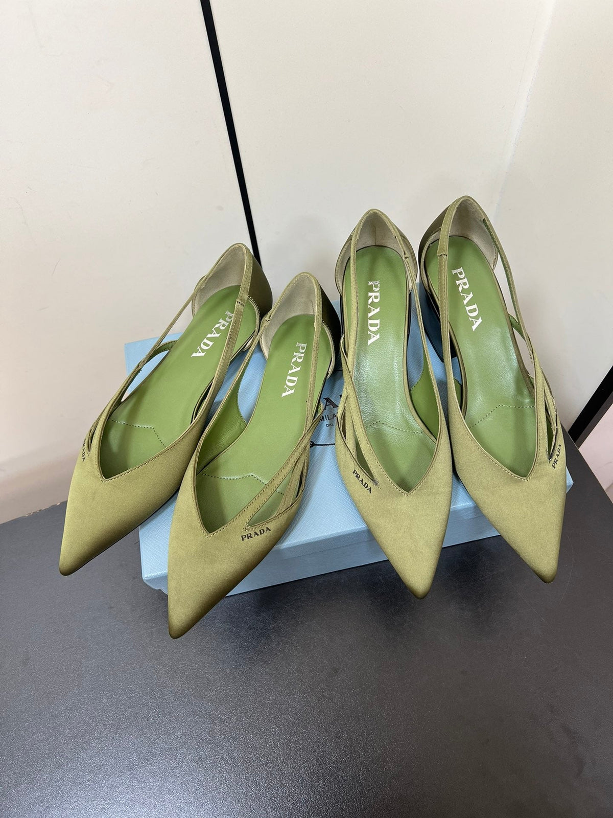 PRADA CUT-OUT BALLERINAS IN OLIVE GREEN SATIN