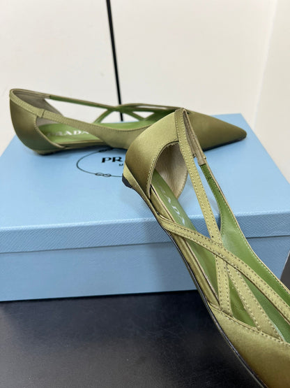 PRADA CUT-OUT BALLERINAS IN OLIVE GREEN SATIN