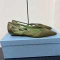 PRADA CUT-OUT BALLERINAS IN OLIVE GREEN SATIN