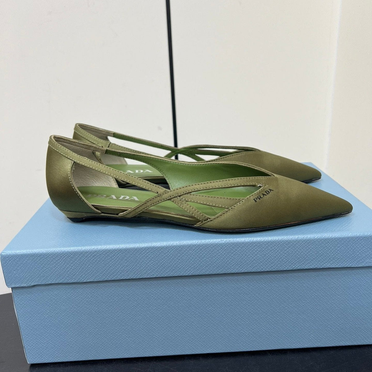 PRADA CUT-OUT BALLERINAS IN OLIVE GREEN SATIN