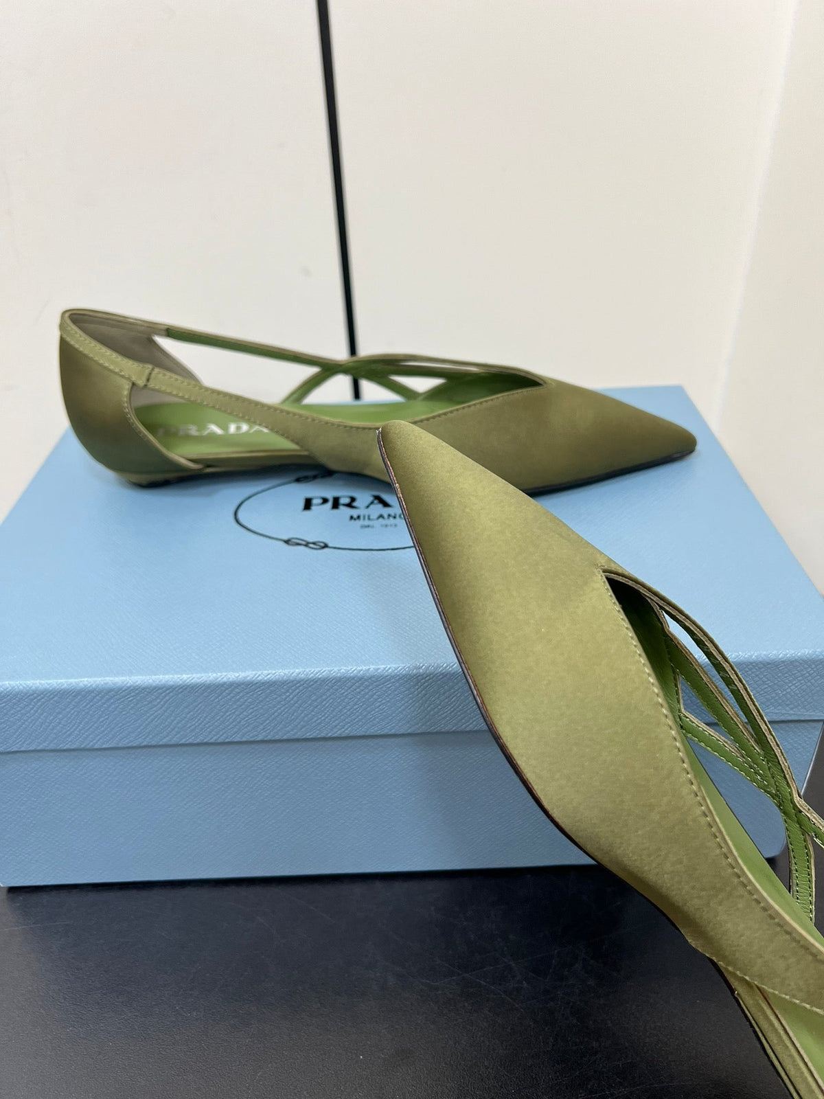 PRADA CUT-OUT BALLERINAS IN OLIVE GREEN SATIN