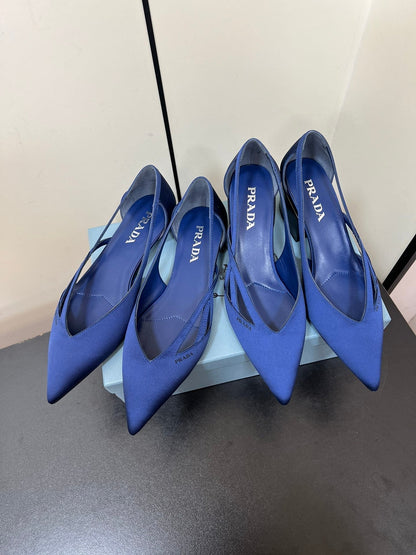 PRADA CUT-OUT BALLERINAS IN NAVY BLUE SATIN