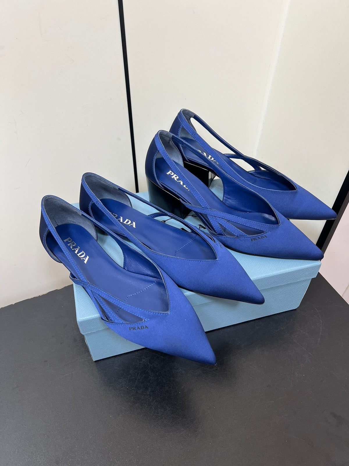 PRADA CUT-OUT BALLERINAS IN NAVY BLUE SATIN