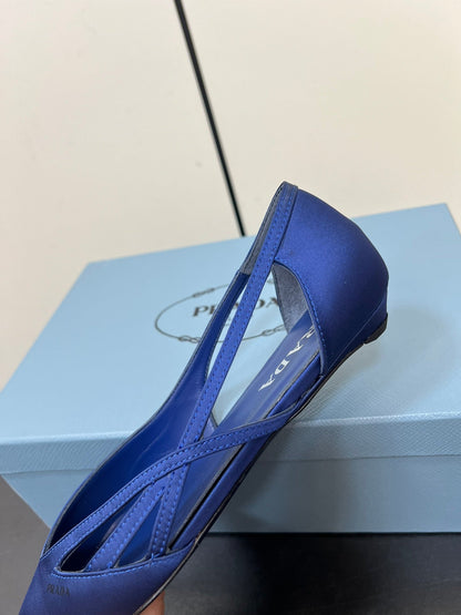 PRADA CUT-OUT BALLERINAS IN NAVY BLUE SATIN