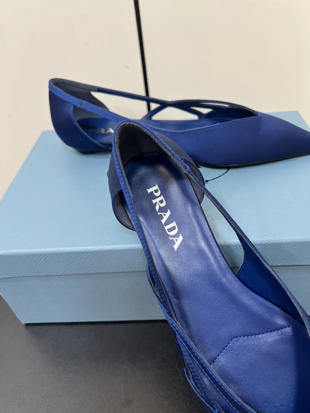 PRADA CUT-OUT BALLERINAS IN NAVY BLUE SATIN