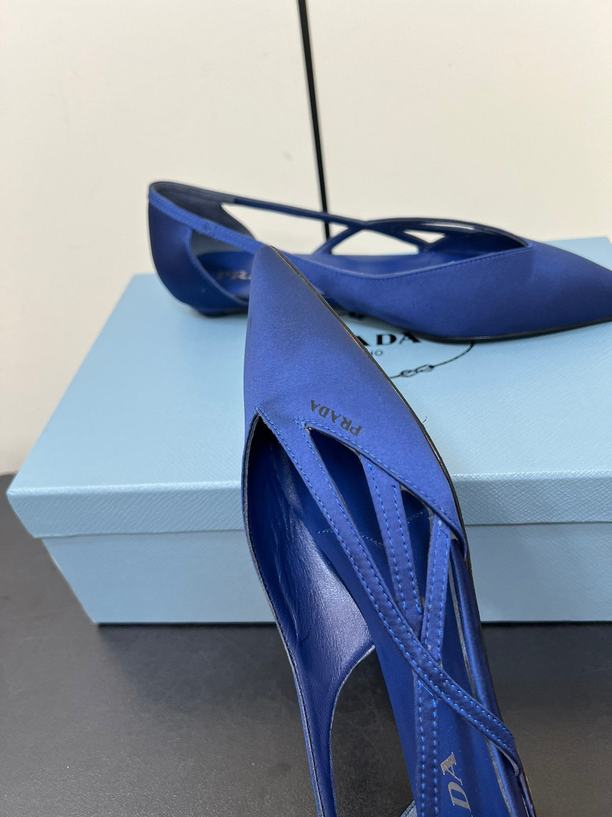 PRADA CUT-OUT BALLERINAS IN NAVY BLUE SATIN
