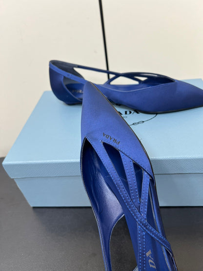 PRADA CUT-OUT BALLERINAS IN NAVY BLUE SATIN