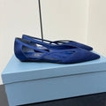 PRADA CUT-OUT BALLERINAS IN NAVY BLUE SATIN