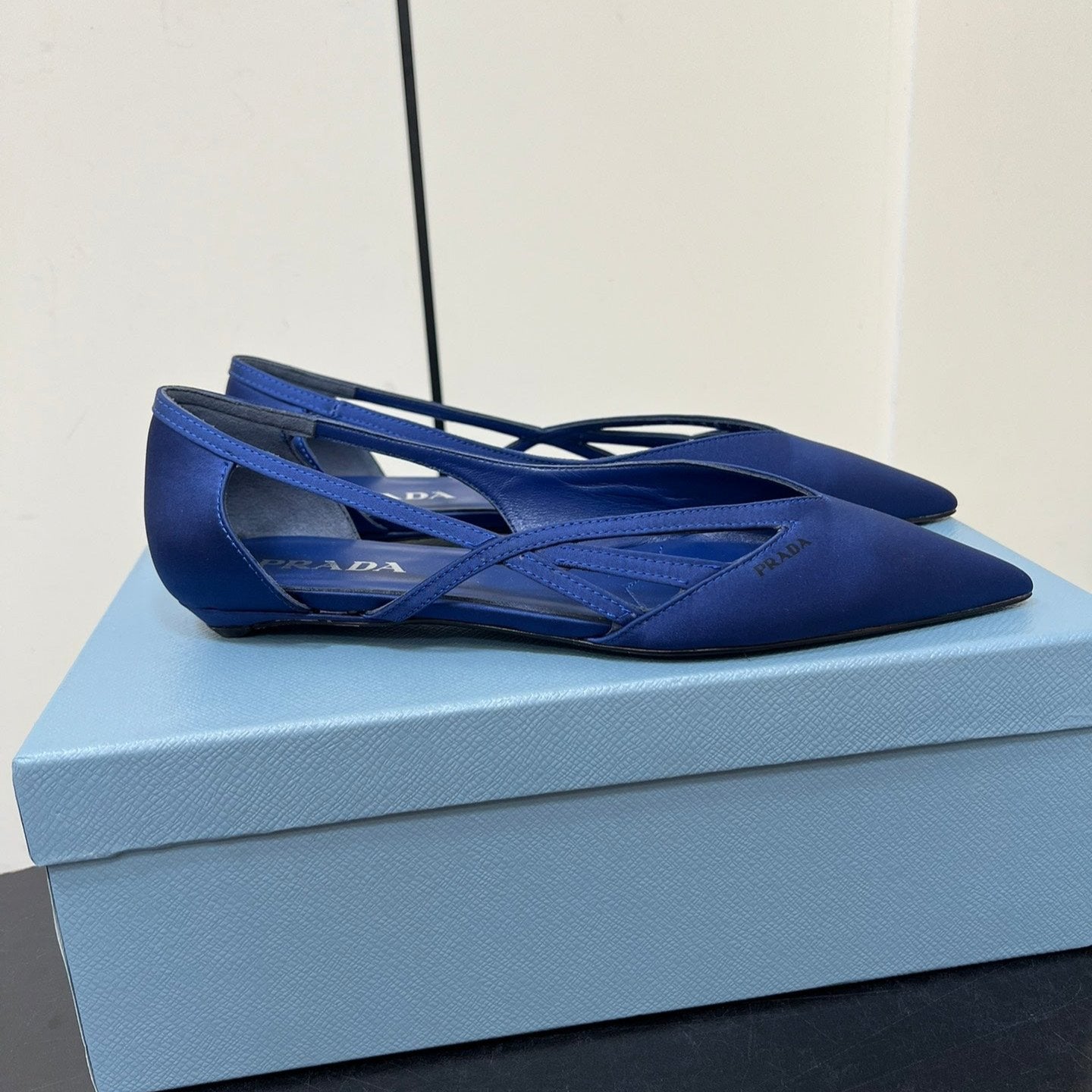 PRADA CUT-OUT BALLERINAS IN NAVY BLUE SATIN