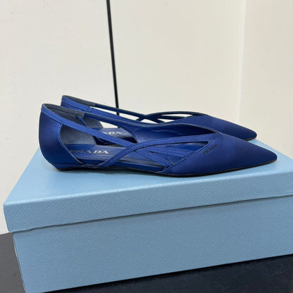 PRADA CUT-OUT BALLERINAS IN NAVY BLUE SATIN