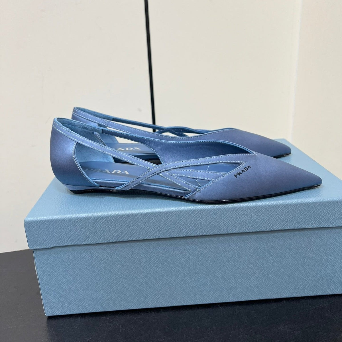 PRADA CUT-OUT BALLERINAS IN PERANO BLUE SATIN