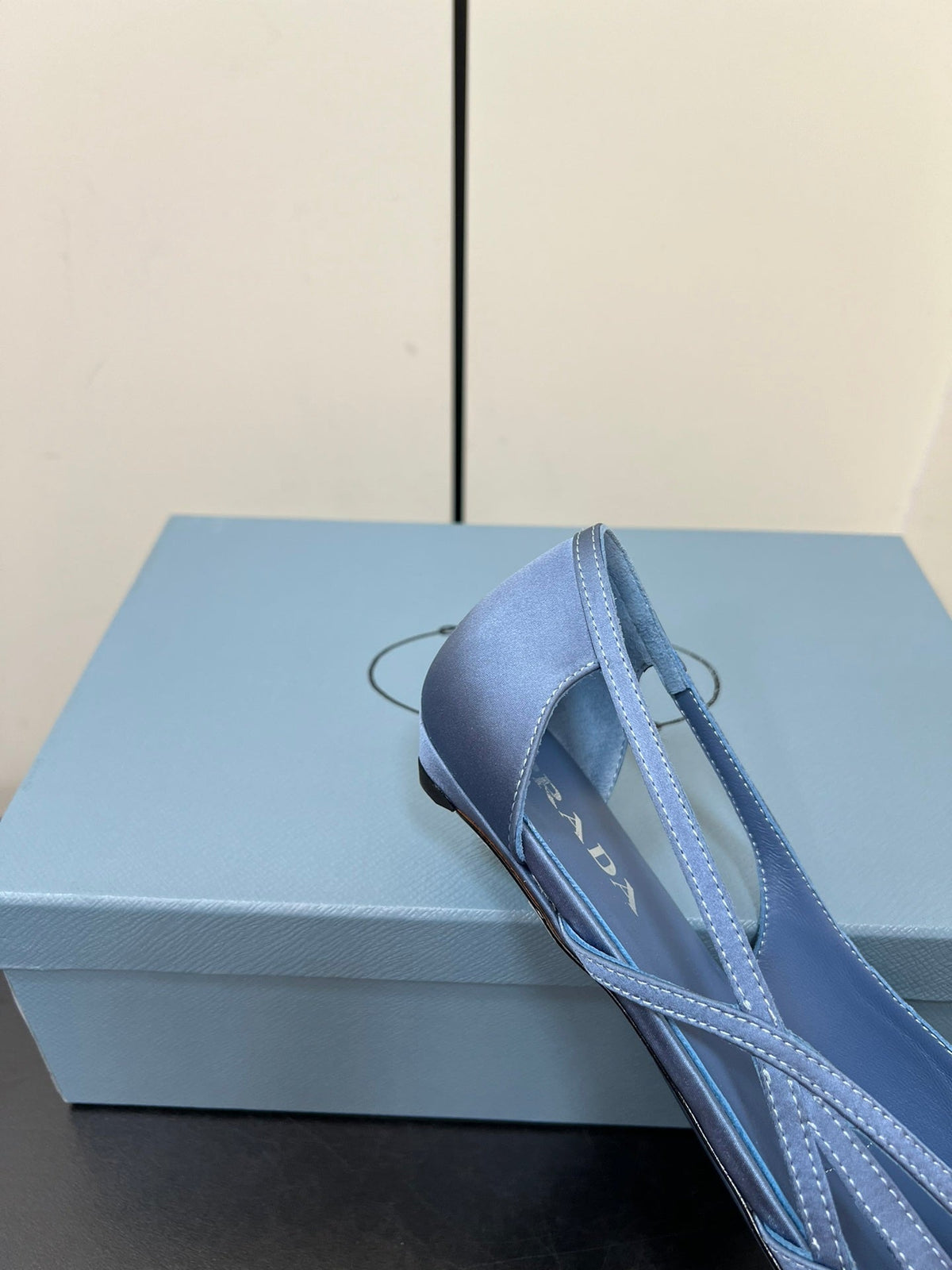 PRADA CUT-OUT BALLERINAS IN PERANO BLUE SATIN