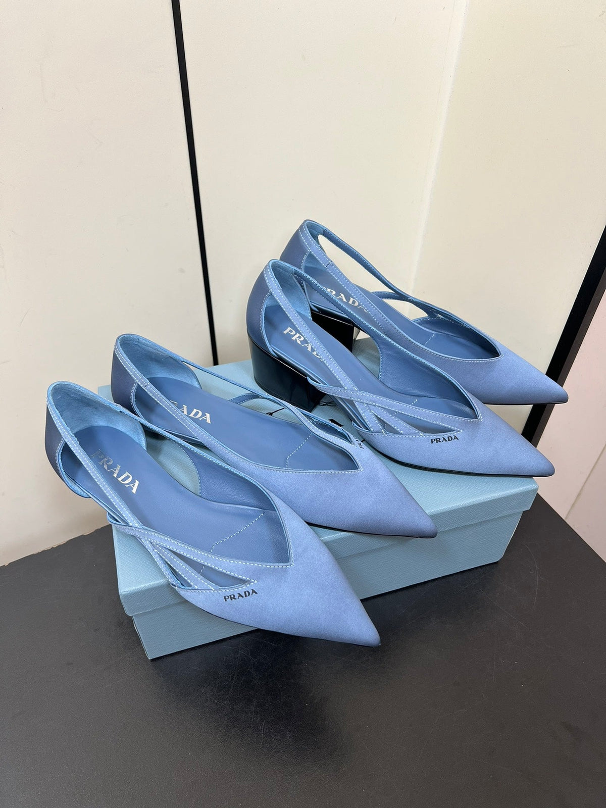 PRADA CUT-OUT BALLERINAS IN PERANO BLUE SATIN