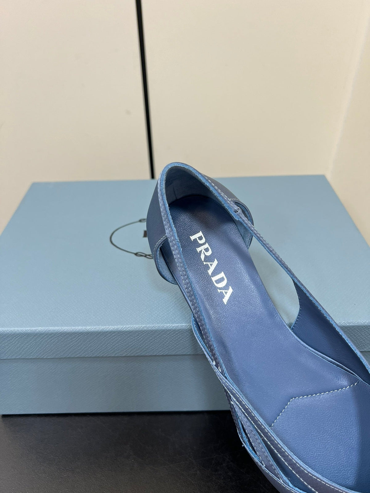 PRADA CUT-OUT BALLERINAS IN PERANO BLUE SATIN