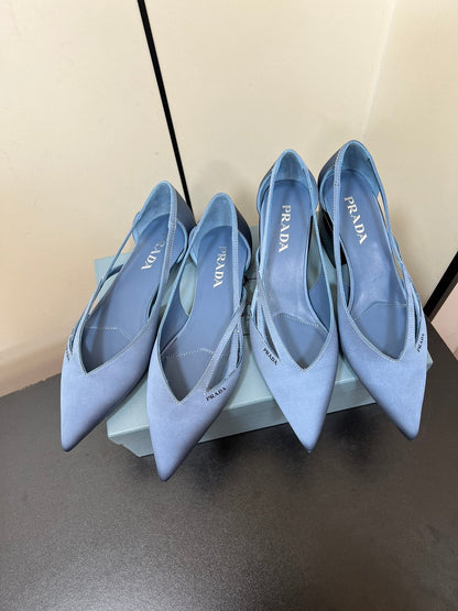PRADA CUT-OUT BALLERINAS IN PERANO BLUE SATIN